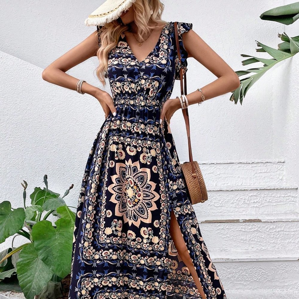 Navy Blue Casual Womens Scarf Print Ruffle Trim Split Thigh Dress Without Belt - Picture 4 of 6